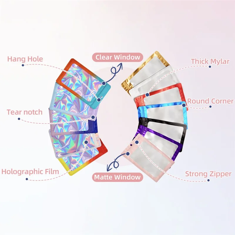MX-109 100Pcs Resealable Holographic Bags 14x20cm Ziplock Packing Pouch Bags with Clear Matte Window - White