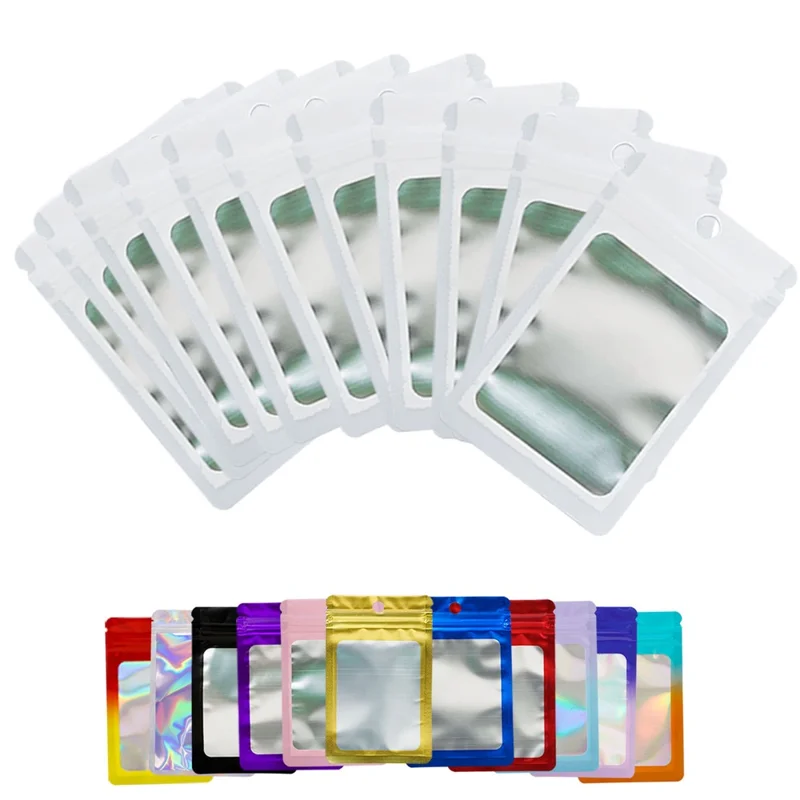 MX-109 100Pcs Resealable Holographic Bags 14x20cm Ziplock Packing Pouch Bags with Clear Matte Window - White