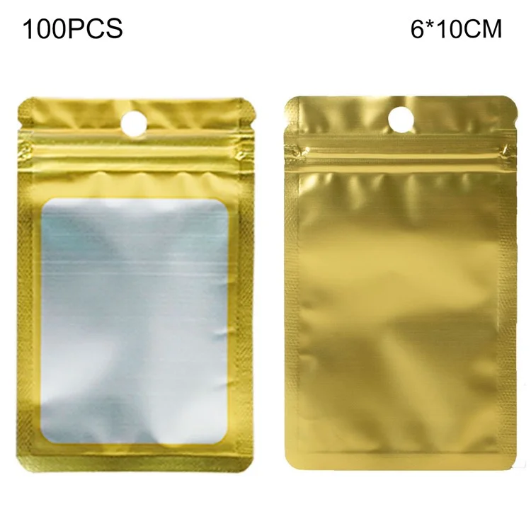MX-109 100Pcs 6x10cm 14C Holographic Bags Clear Matte Window Packing Pouch Bags with Tear Notch - Gold