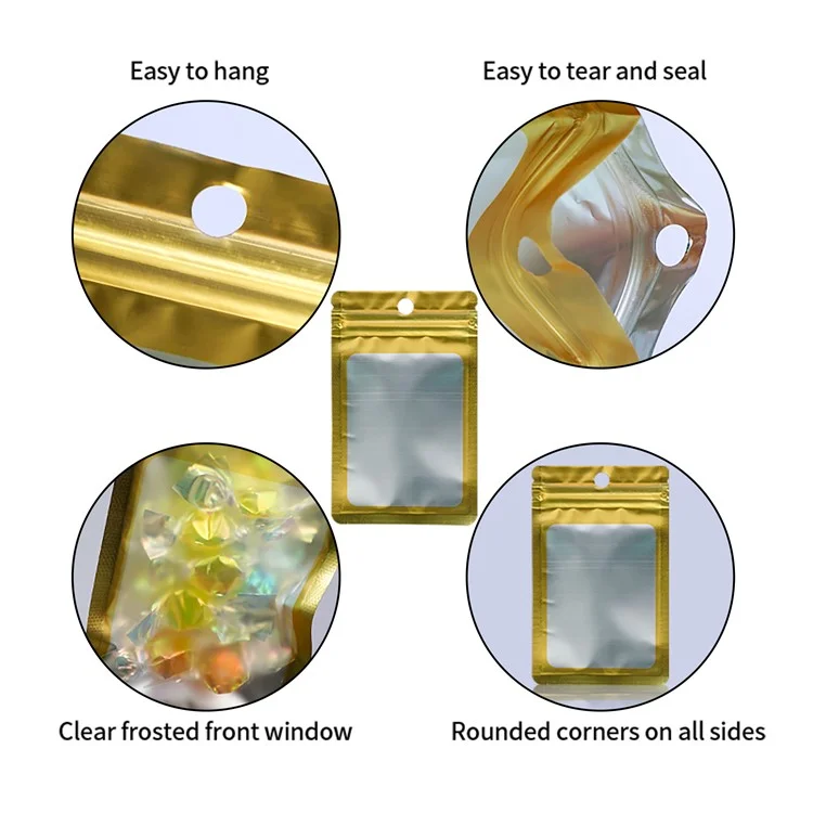 MX-109 100Pcs 6x10cm 14C Holographic Bags Clear Matte Window Packing Pouch Bags with Tear Notch - Gold