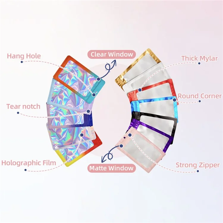 MX-109 100Pcs 6x10cm 14C Holographic Bags Clear Matte Window Packing Pouch Bags with Tear Notch - Gold