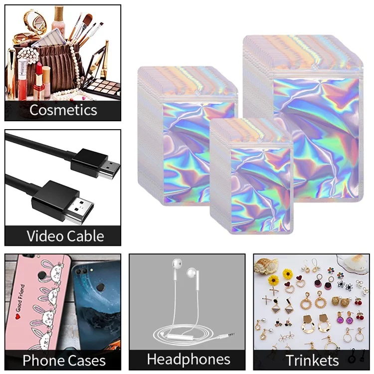MX-109 100Pcs 6x10cm 14C Holographic Bags Clear Matte Window Packing Pouch Bags with Tear Notch - Gold