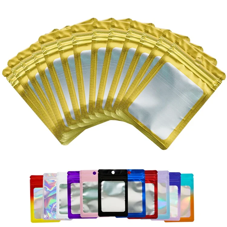 MX-109 100Pcs 6x10cm 14C Holographic Bags Clear Matte Window Packing Pouch Bags with Tear Notch - Gold