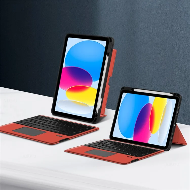 Für iPad 10.9 (2022) Lederhülle + Bluetooth-Tastatur mit Hintergrundbeleuchtung Trackpad - Rot