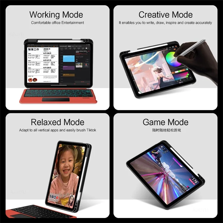 Für iPad 10.9 (2022) Lederhülle + Bluetooth-Tastatur mit Hintergrundbeleuchtung Trackpad - Rot