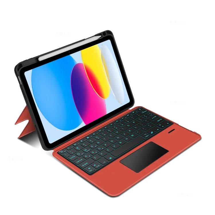 Für iPad 10.9 (2022) Lederhülle + Bluetooth-Tastatur mit Hintergrundbeleuchtung Trackpad - Rot