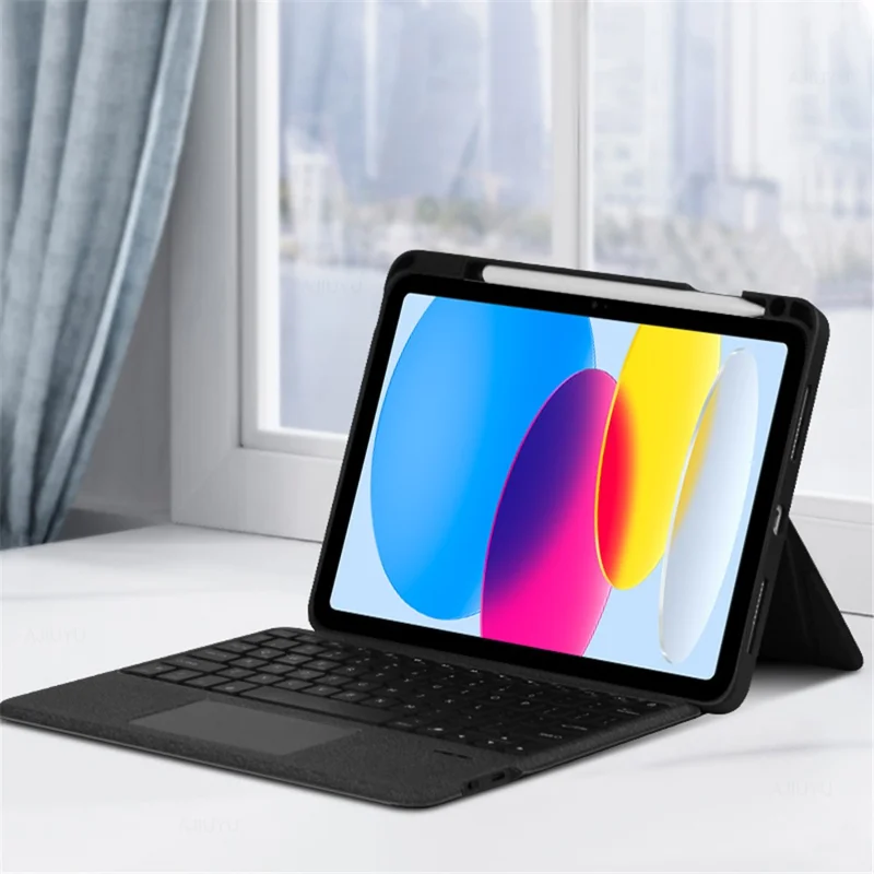 For iPad (2025) / 10.9 (2022) Leather Case + Bluetooth-Compatible Keyboard with Backlight Trackpad - Black