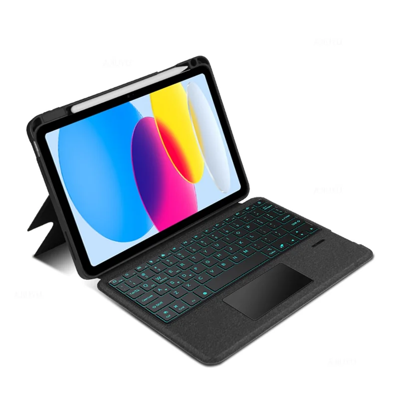 For iPad (2025) / 10.9 (2022) Leather Case + Bluetooth-Compatible Keyboard with Backlight Trackpad - Black