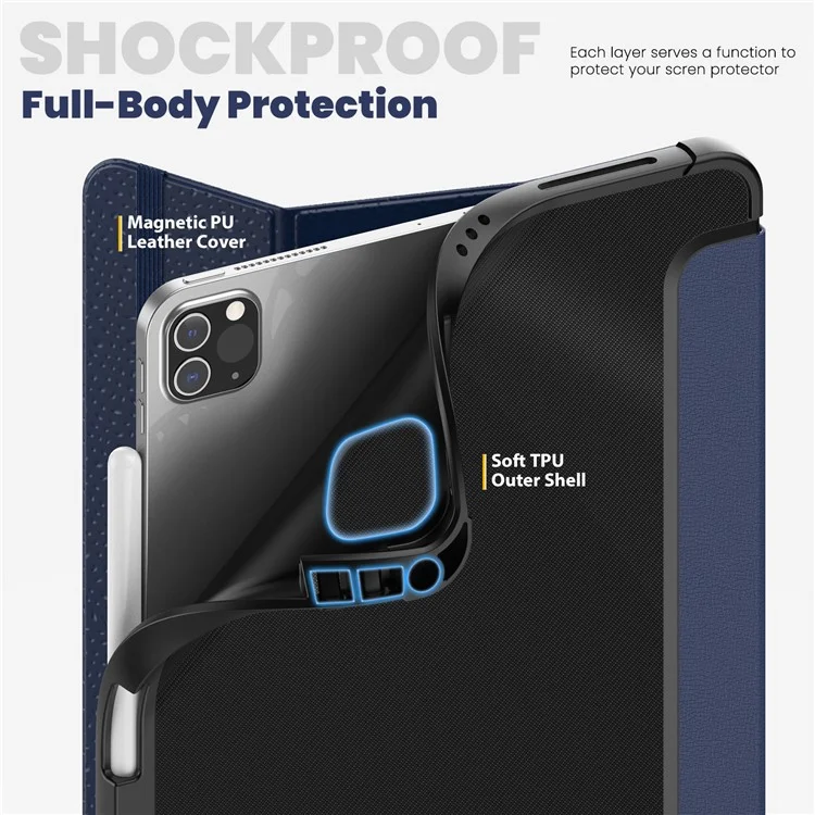 For iPad Pro 11-inch (2018) / (2022) / (2021) / (2020) / Air (2020) / (2022) Case Leather Tablet Cover with Pen Slot - Navy Blue