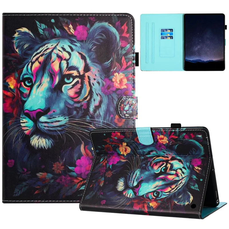 For Amazon Fire HD 10 (2023) Litchi Texture Leather Stand Case Pattern Printing Card Holder Cover - Tiger