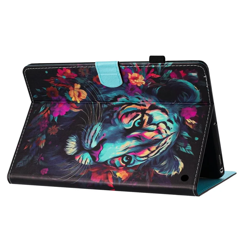 For Amazon Fire HD 10 (2023) Litchi Texture Leather Stand Case Pattern Printing Card Holder Cover - Tiger