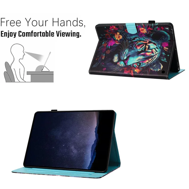 For Amazon Fire HD 10 (2023) Litchi Texture Leather Stand Case Pattern Printing Card Holder Cover - Tiger