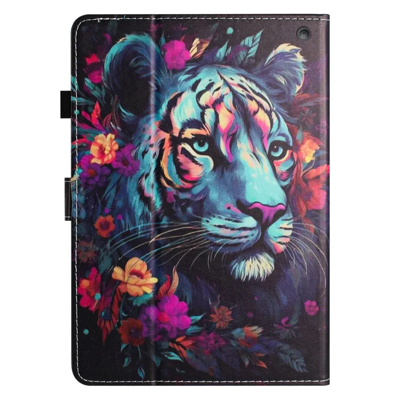 For Amazon Fire HD 10 (2023) Litchi Texture Leather Stand Case Pattern Printing Card Holder Cover - Tiger