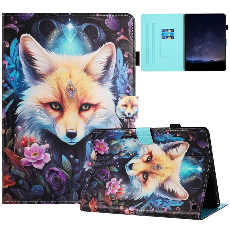 For Amazon Fire HD 10 (2023) Litchi Texture Leather Stand Case Pattern Printing Card Holder Cover - Fox