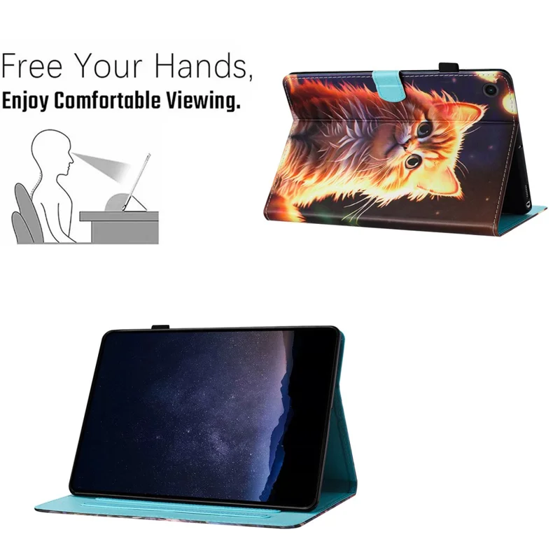 Folia na tablet Lenovo Tab M10 Plus z nadrukiem wzoru, etui z sztucznej skóry PU z funkcją uchwytu, ochrona przed upadkiem - Kot