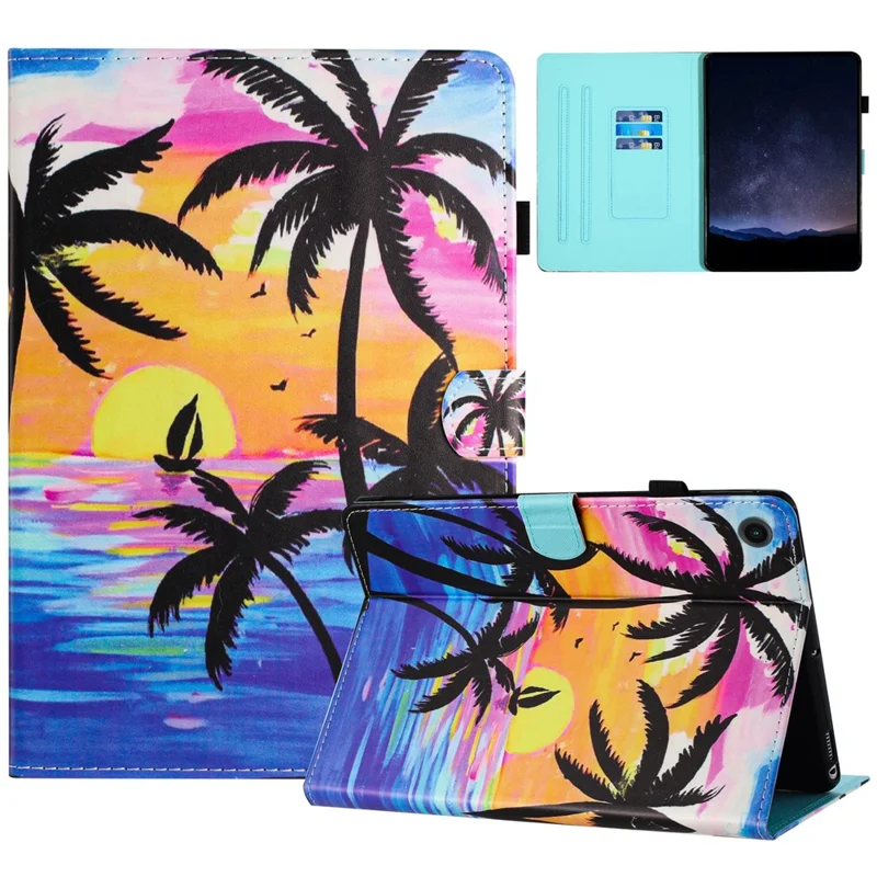 For Samsung Galaxy Tab A11 / A9   Tablet Stand Cover PU Leather Shell Pattern Case with Card Slots - Coconut Tree