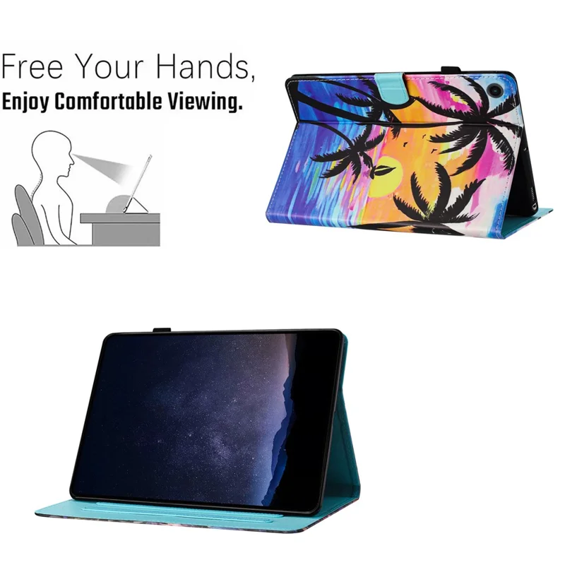 For Samsung Galaxy Tab A11 / A9   Tablet Stand Cover PU Leather Shell Pattern Case with Card Slots - Coconut Tree