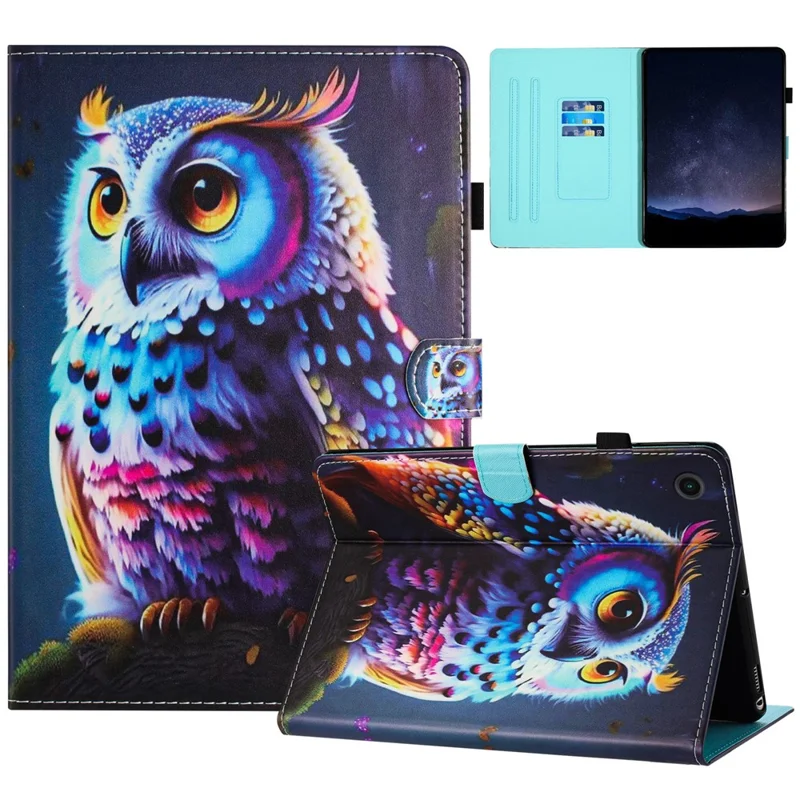 For Samsung Galaxy Tab A11 / A9   Tablet Stand Cover PU Leather Shell Pattern Case with Card Slots - Owl