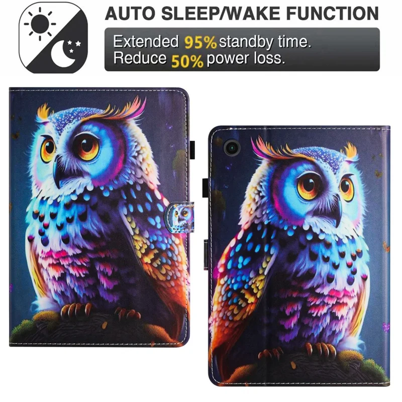 For Samsung Galaxy Tab A11 / A9   Tablet Stand Cover PU Leather Shell Pattern Case with Card Slots - Owl