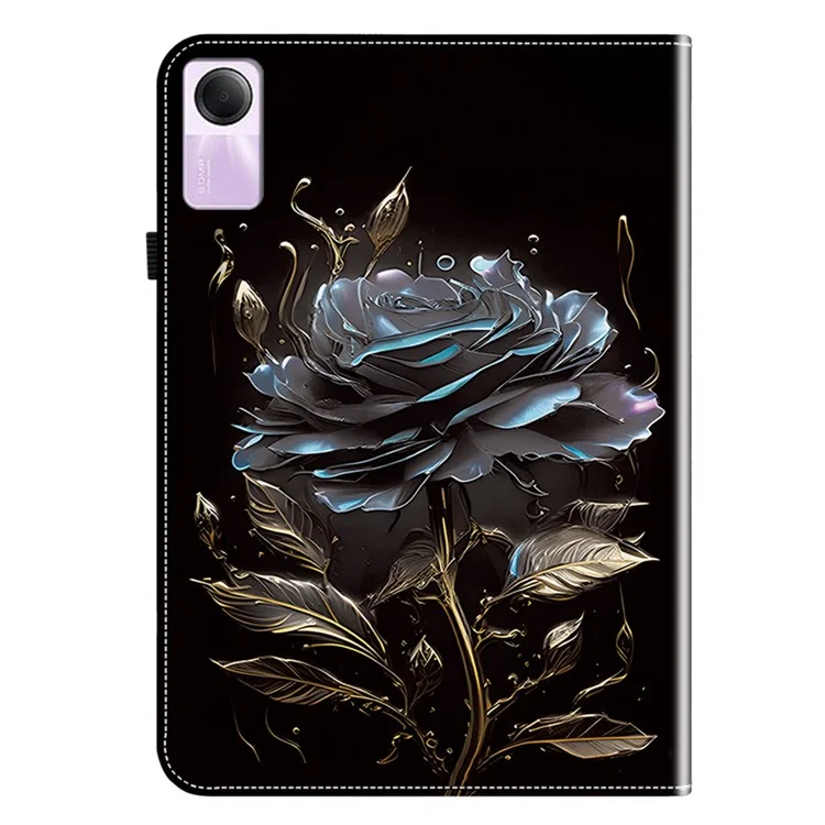 Stand Case for Xiaomi Redmi Pad SE Pattern Print Leather Tablet Cover - Black Rose