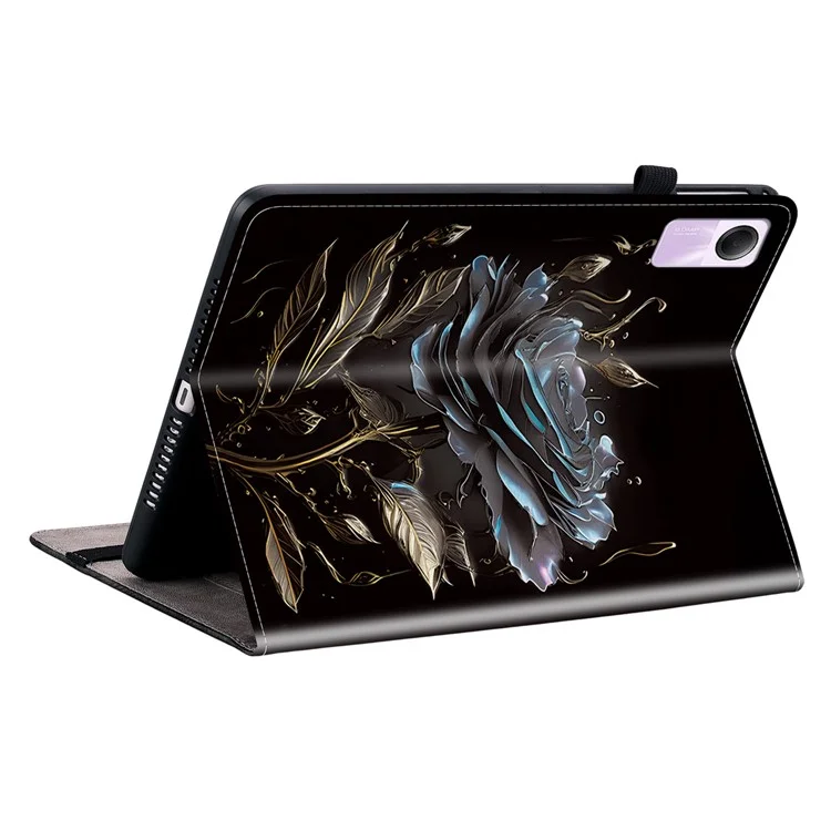 Stand Case for Xiaomi Redmi Pad SE Pattern Print Leather Tablet Cover - Black Rose