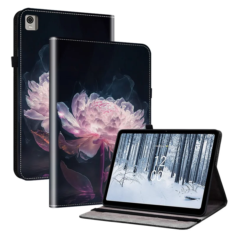 For Nokia T21 Case Pattern Printing PU Leather Tablet Cover with Card Slots Stand - Purple Peony
