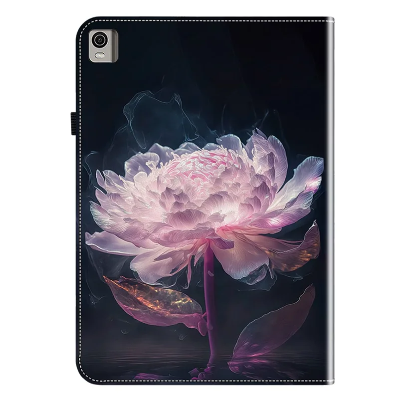For Nokia T21 Case Pattern Printing PU Leather Tablet Cover with Card Slots Stand - Purple Peony