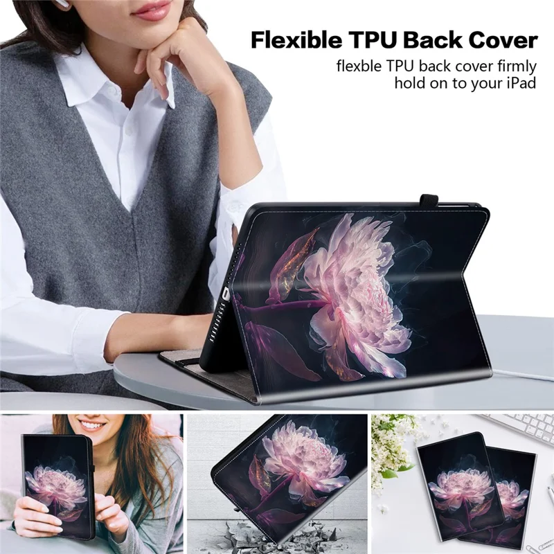 For Nokia T21 Case Pattern Printing PU Leather Tablet Cover with Card Slots Stand - Purple Peony