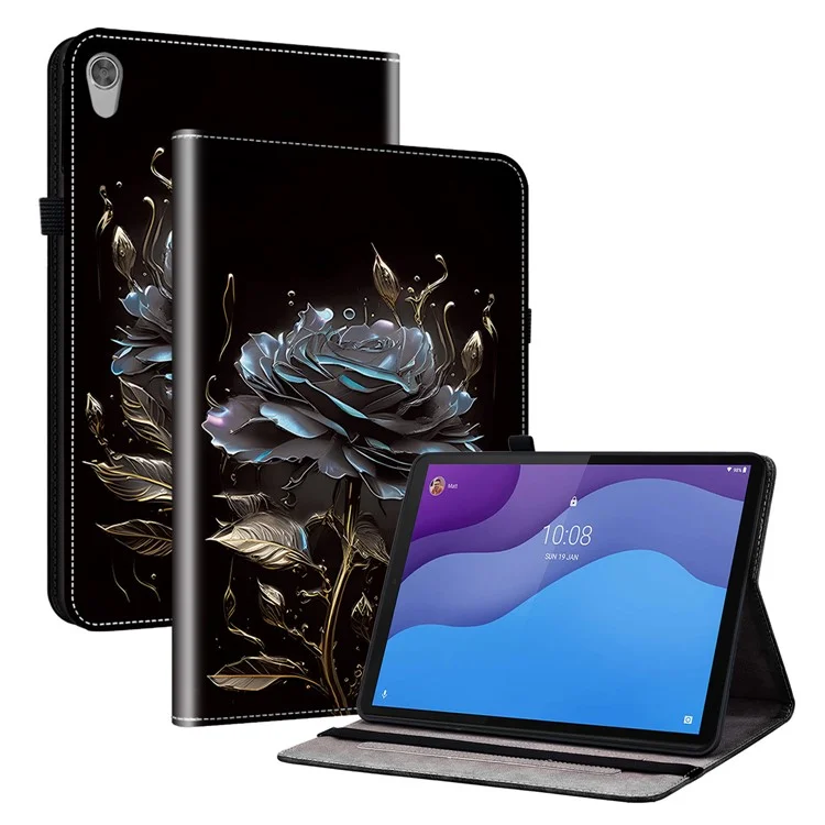 Per Lenovo Tab M10 HD Gen 2 Case Pattern PU Leather Folding Folio Stand Tablet Cover - Black Rose