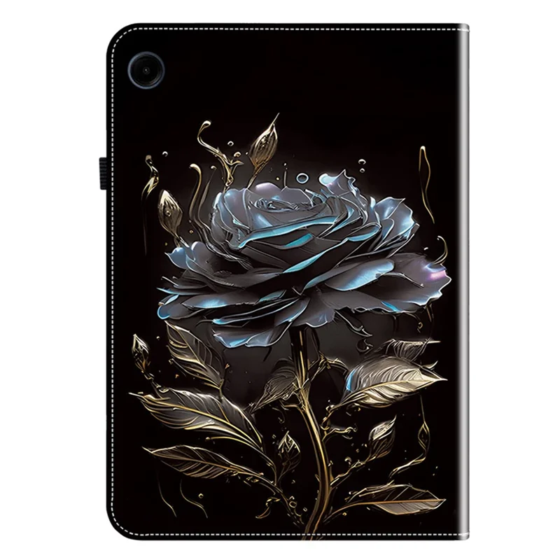 For Samsung Galaxy Tab A9 Case with Stand Leather Pattern Printed Tablet Cover - Black Rose