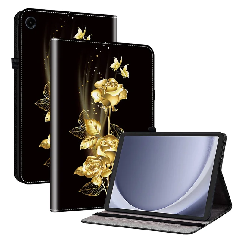 Para Samsung Galaxy Tab A9 Funda con soporte Patrón de cuero impreso Cubierta de la tableta - Mariposa dorada rosa