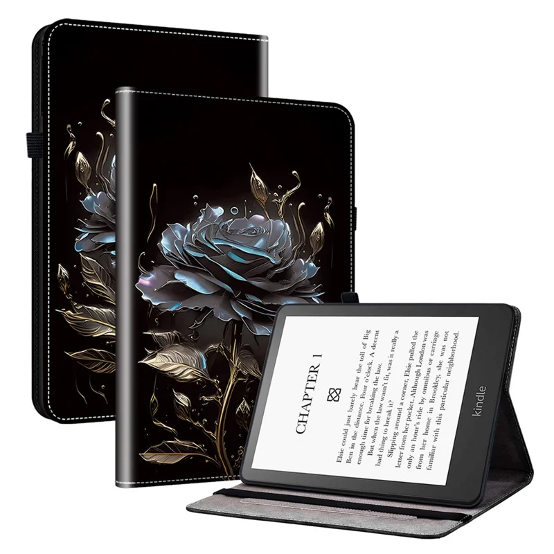 For Amazon Kindle Paperwhite 5 (2021) Case Pattern PU Leather Stand Card Slots Protective Cover - Black Rose