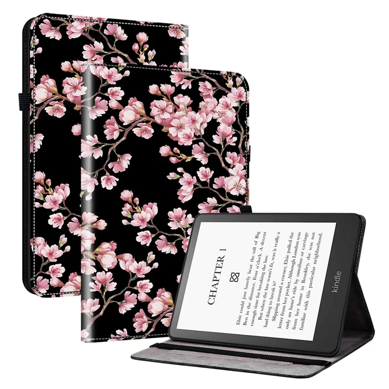 For Amazon Kindle Paperwhite 5 (2021) Case Pattern PU Leather Stand Card Slots Protective Cover - Plum Blossom