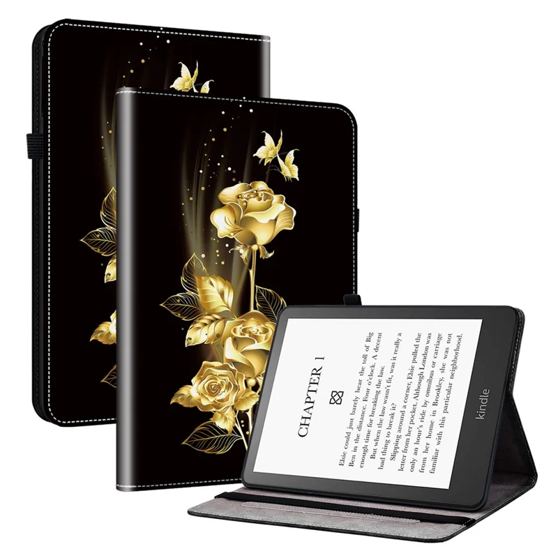 For Amazon Kindle Paperwhite 5 (2021) Case Pattern PU Leather Stand Card Slots Protective Cover - Gold Butterfly Rose