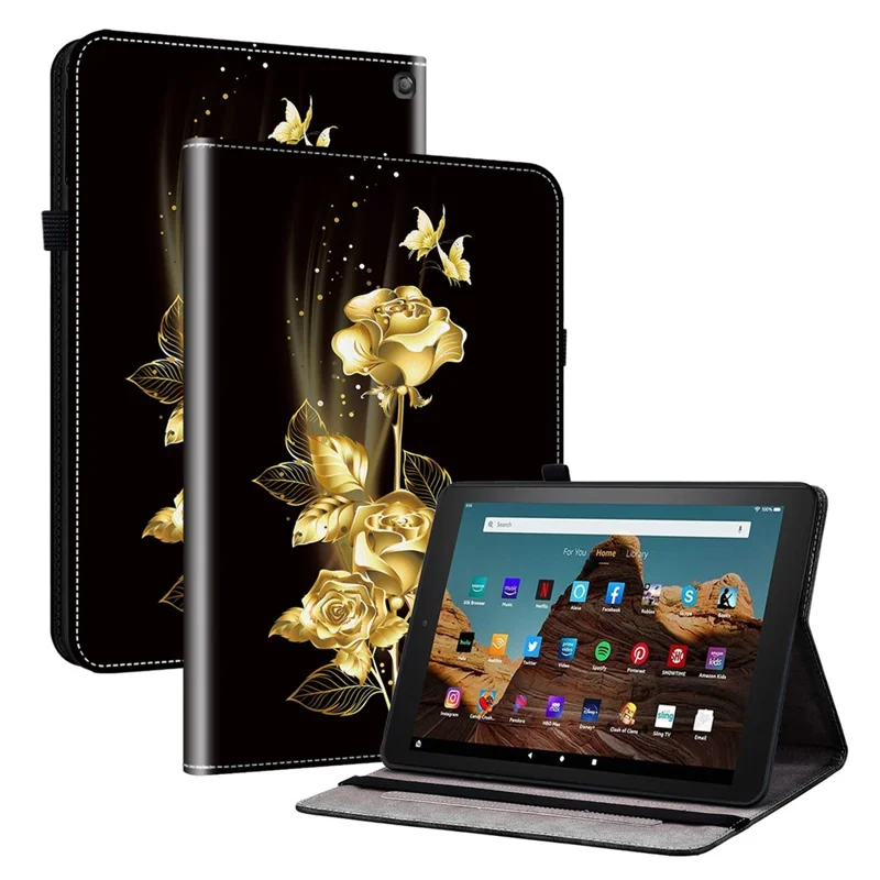 Universal Stand Case for Amazon Fire HD 10 (2023) Tablet Case Cover PU Leather Pattern Print - Gold Butterfly Rose