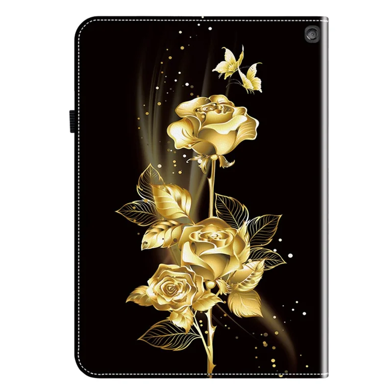 Universal Stand Case for Amazon Fire HD 10 (2023) Tablet Case Cover PU Leather Pattern Print - Gold Butterfly Rose