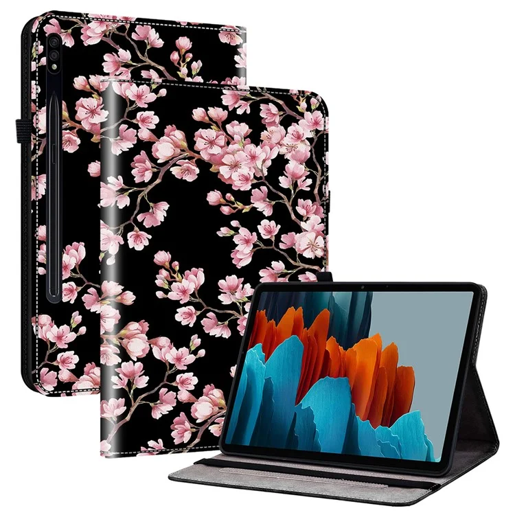 For Samsung Galaxy Tab S7+ / S7 FE / S8+ Case PU Leather Flip Cover Pattern Printing Anti-Drop Tablet Shell - Plum Blossom