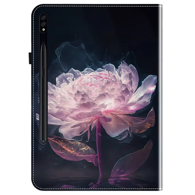For Samsung Galaxy Tab S7+ / S7 FE / S8+ Case PU Leather Flip Cover Pattern Printing Anti-Drop Tablet Shell - Purple Peony