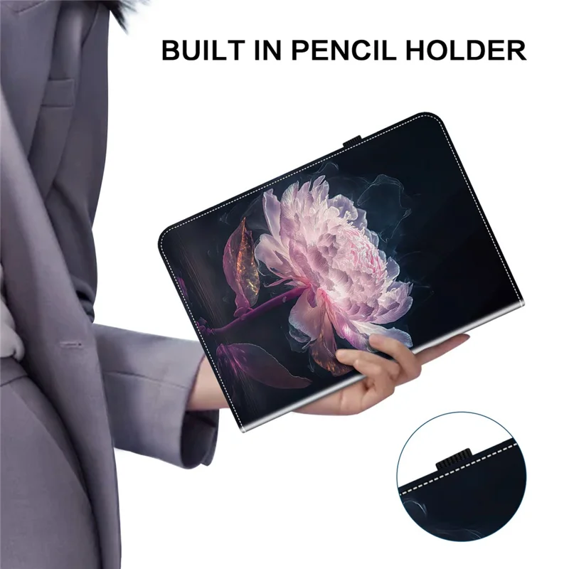 For Samsung Galaxy Tab S7+ / S7 FE / S8+ Case PU Leather Flip Cover Pattern Printing Anti-Drop Tablet Shell - Purple Peony