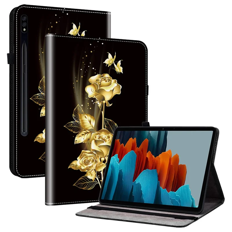 For Samsung Galaxy Tab S7 / S8 Cases Pattern Printing Flip Tablet Shell with Card Slot - Gold Butterfly Rose