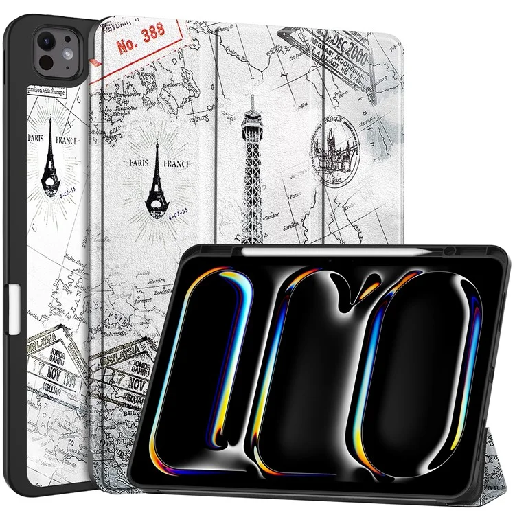 Para o iPad Pro 13 (2024) Tablet Case Pattern Printing Tri-Fold Stand Leather+TPU Cover with Pen Holder - Vintage Tower