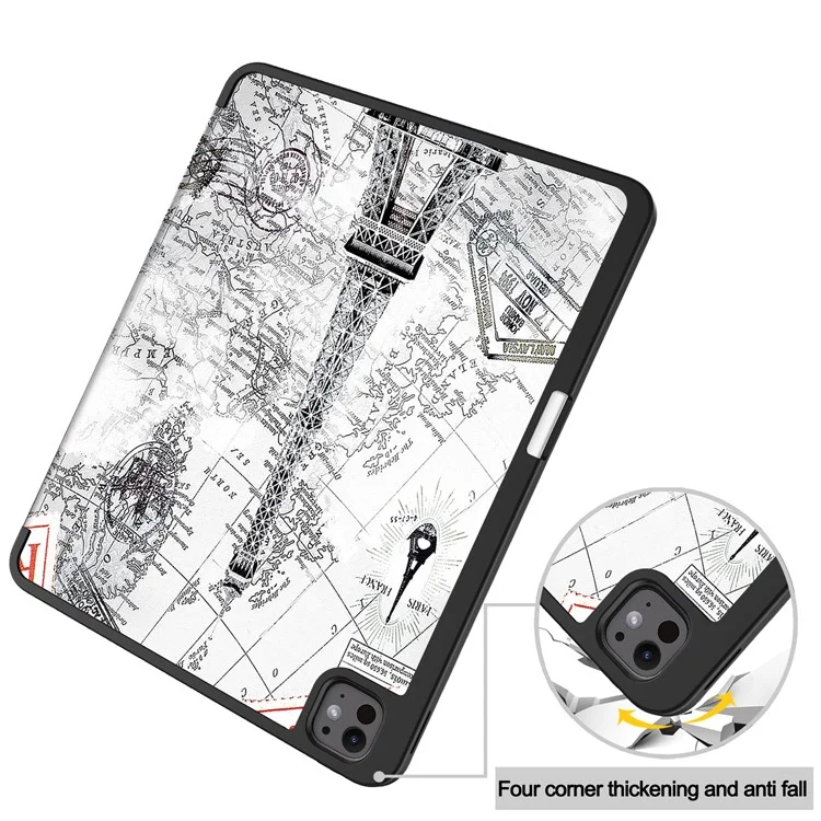Para o iPad Pro 13 (2024) Tablet Case Pattern Printing Tri-Fold Stand Leather+TPU Cover with Pen Holder - Vintage Tower