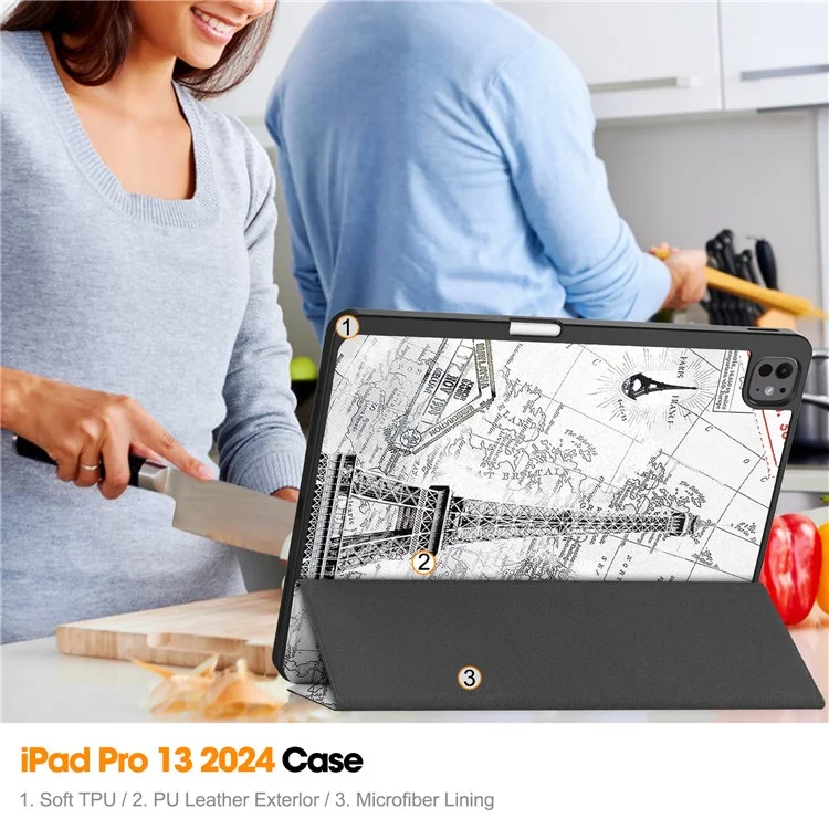Para o iPad Pro 13 (2024) Tablet Case Pattern Printing Tri-Fold Stand Leather+TPU Cover with Pen Holder - Vintage Tower