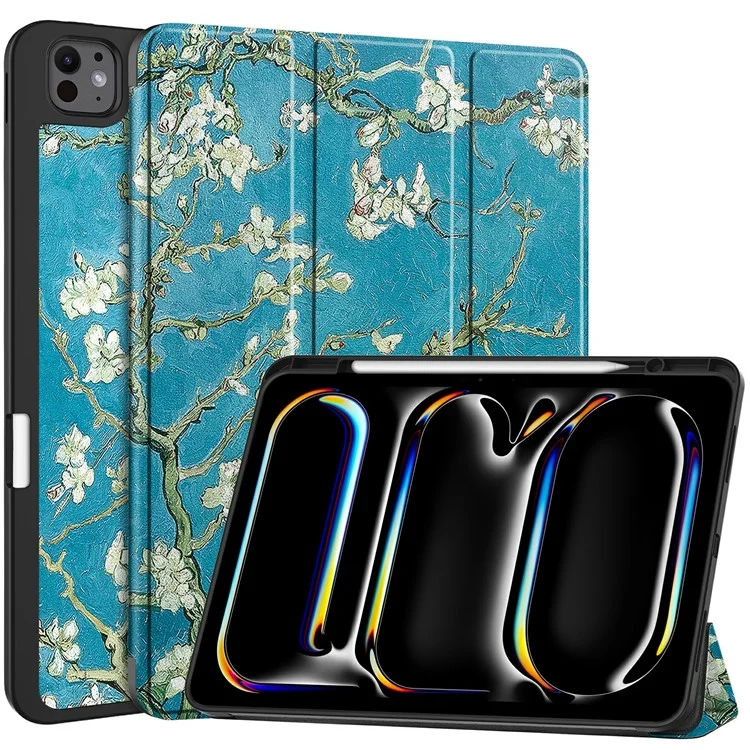 Per iPad Pro 13 (2024) Custodia per tablet Stampa a motivi Supporto ripiegabile a tre ante Custodia in pelle+TPU con supporto per penna - Fiore di albicocca
