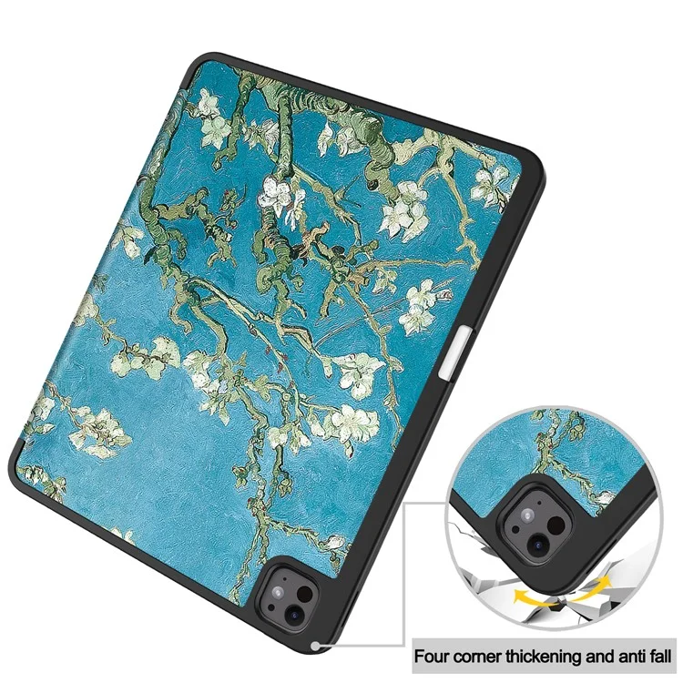Per iPad Pro 13 (2024) Custodia per tablet Stampa a motivi Supporto ripiegabile a tre ante Custodia in pelle+TPU con supporto per penna - Fiore di albicocca