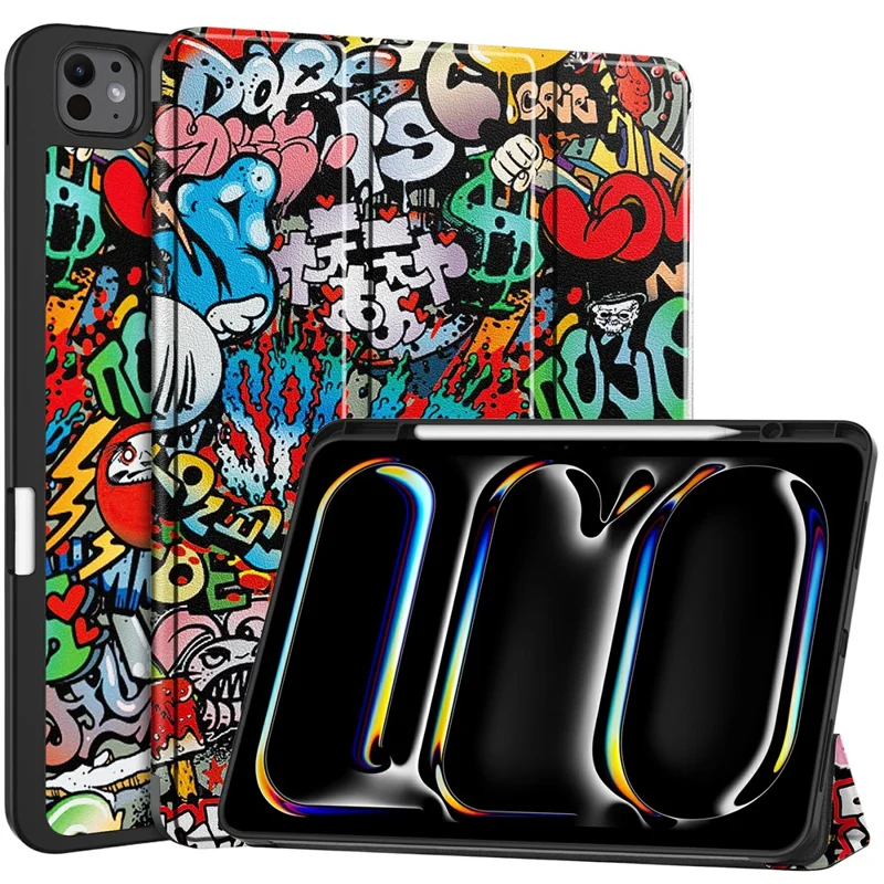 For iPad Pro 13 (2025) / 13 (2024) Tablet Case Pattern Printing Tri-Fold Stand Leather+TPU Cover with Pen Holder - Graffiti