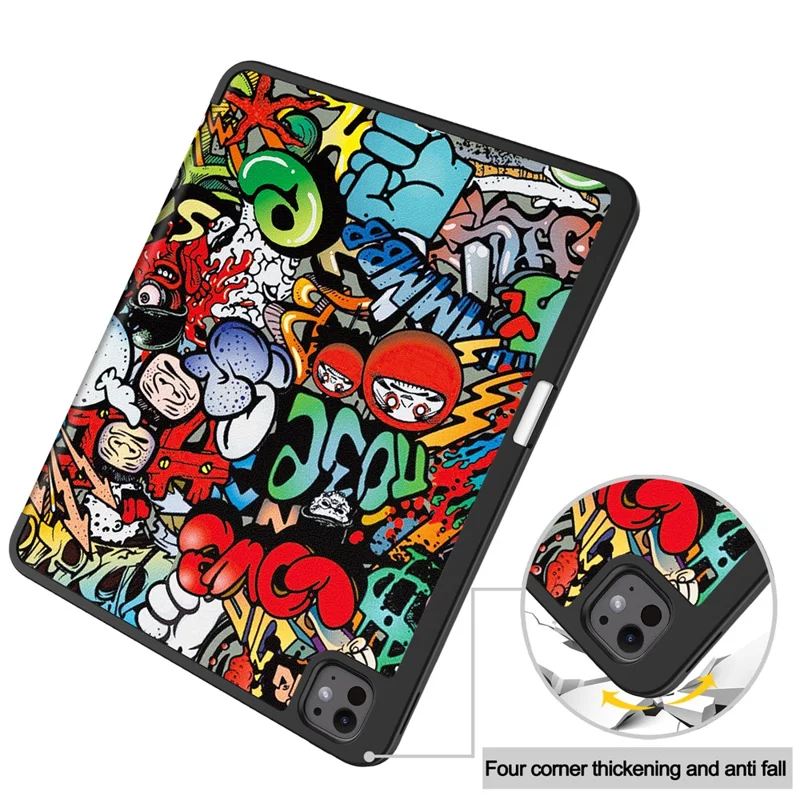 For iPad Pro 13 (2025) / 13 (2024) Tablet Case Pattern Printing Tri-Fold Stand Leather+TPU Cover with Pen Holder - Graffiti