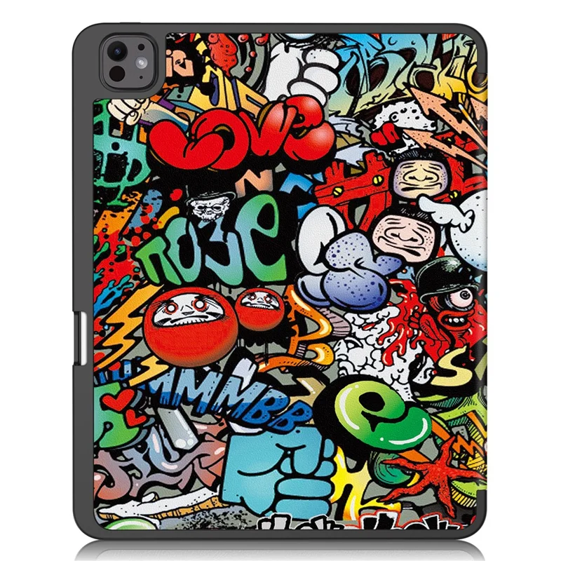 For iPad Pro 13 (2025) / 13 (2024) Tablet Case Pattern Printing Tri-Fold Stand Leather+TPU Cover with Pen Holder - Graffiti