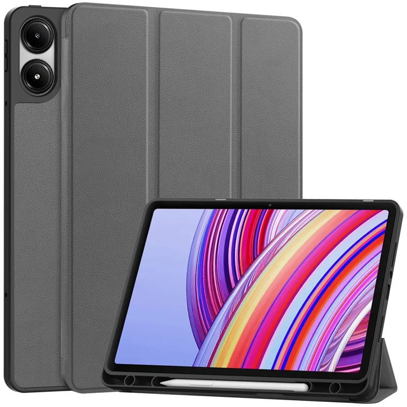 Tablet Case for Xiaomi Redmi Pad Pro/Redmi Pad Pro 5G/Poco Pad 4G Tri-Fold Stand Leather Cover with Pen Slot - Grey