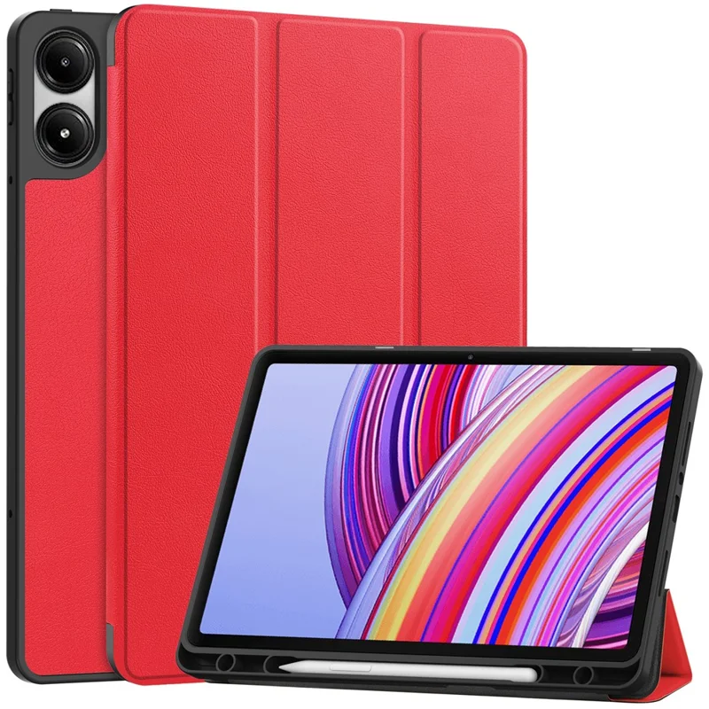 Tablet Case for Xiaomi Redmi Pad Pro/Redmi Pad Pro 5G/Poco Pad 4G Tri-Fold Stand Leather Cover with Pen Slot - Red
